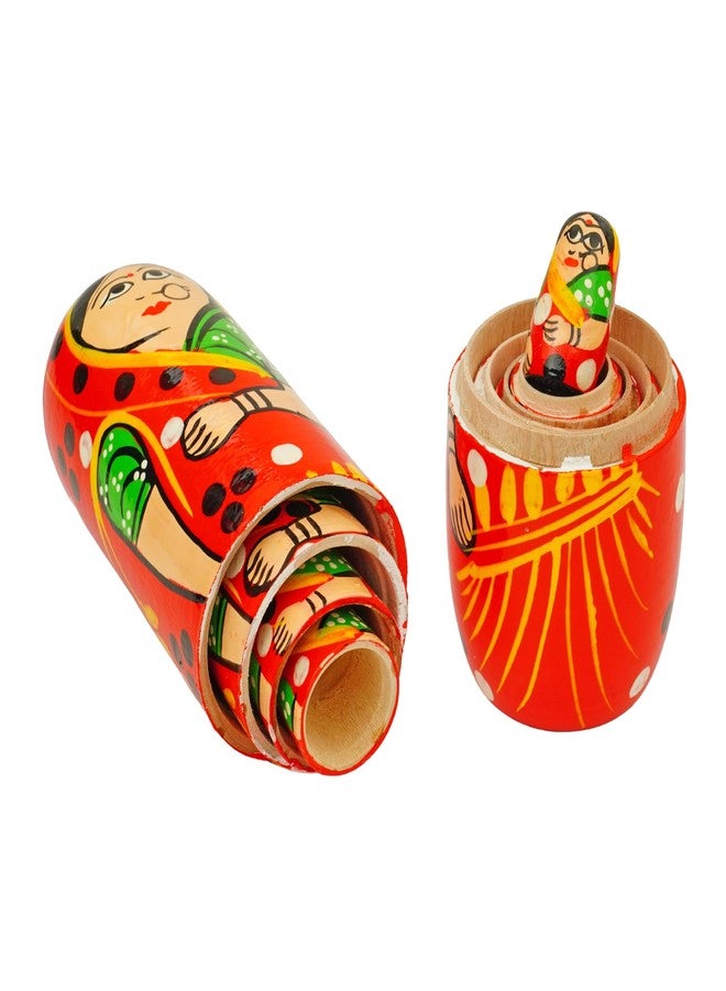 Toolart® Set of 5Pcs Hand Painted Cute Wooden Russian Matryoshka Stacking Nested Wood Dolls Red - Image 5